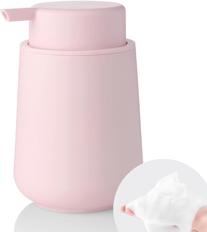 Matte Light Pink Foaming Hand Soap Dispenser Plastic 11 oz - Modern Minimalist Style for Bathroom & Kitchen Countertop Refillable