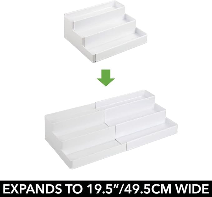mDesign Plastic Expandable 3-Tier Shelf Rack Organizer - Storage for Bathroom Vanity, Cabinet, Cupboard, Drawer - Holds Medicine, Vitamins, Supplements, Cosmetics - Ligne Collection - White