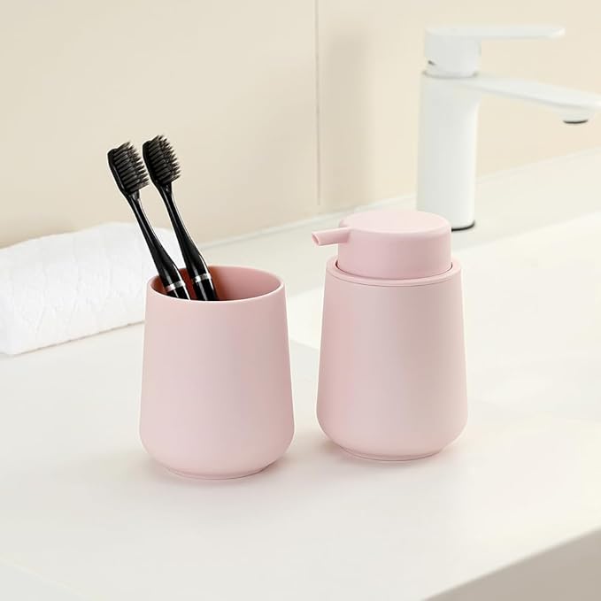 Matte Light Pink Foaming Hand Soap Dispenser Plastic 11 oz - Modern Minimalist Style for Bathroom & Kitchen Countertop Refillable