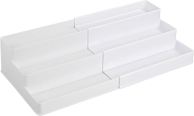 mDesign Plastic Expandable 3-Tier Shelf Rack Organizer - Storage for Bathroom Vanity, Cabinet, Cupboard, Drawer - Holds Medicine, Vitamins, Supplements, Cosmetics - Ligne Collection - White
