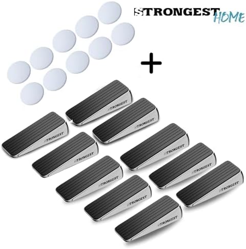 Strongest Home Heavy Duty Door Stopper Wedge (10 Chrome PCs) | Non-Slip Rubber and Metal Door Stop for Heavy Doors| Work on Wood, Tile, Carpet + 10 White Wall Protectors
