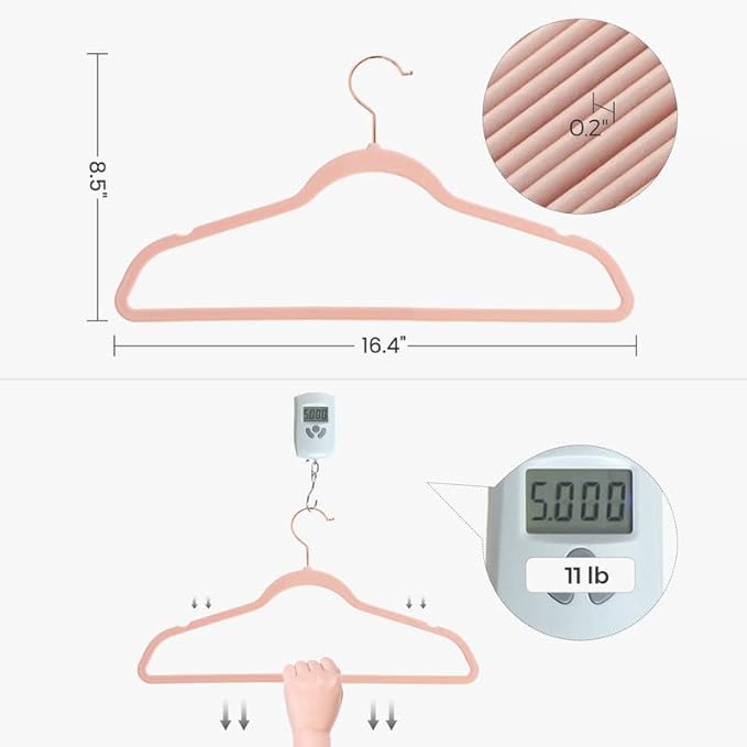 SONGMICS Slim Velvet Hangers, Non-Slip Clothes Hangers with Rose Gold Swivel Hooks, Space-Saving, for Closet, 50 Pack, Pink UCRF026P02