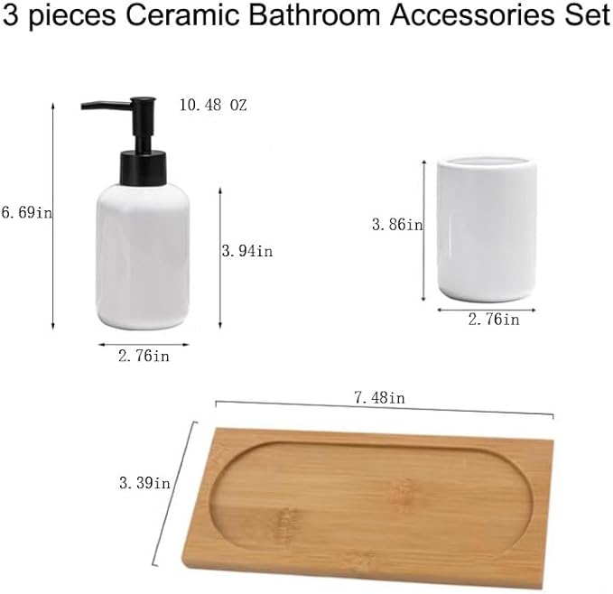 White Ceramic Soap Dispenser and Toothbrush Holder,3-Piece Bathroom Accessories Set Modern Cylinder Countertop Bath Set,Liquid Hand Soap Dispenser,Tumbler Cup,Wooden Vanity Tray