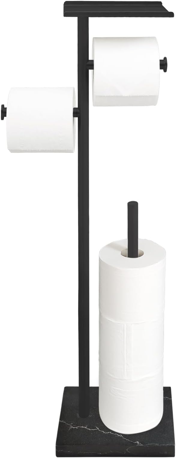 GZILA Toilet Paper Holder Stand with Shelf, Marble Base Free Standing Toilet Paper Double Roll Holder Dispenser, SUS 304 Stainless Steel Storages 5 Reserve Rolls Matte Black