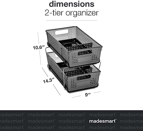 madesmart Premium 2 Tier Organizer, Undersink Storage with Pull Out Sliding Drawers, for Cleaning Supplies, Pantry, Sponges, Bottles, Adjustable Dividers & Pull Out Sliding Baskets, Smoke
