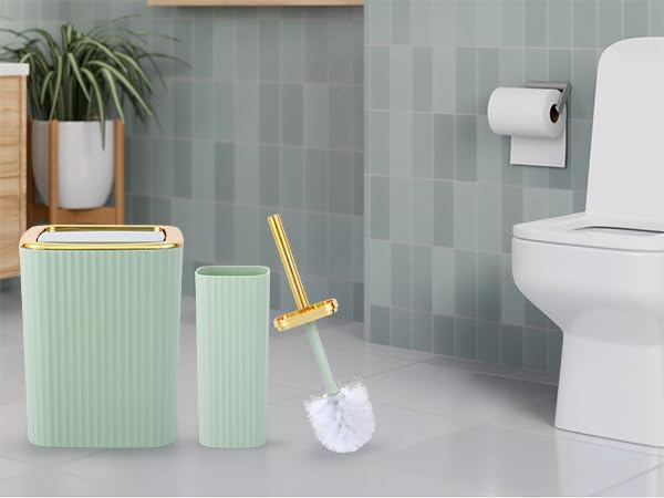 Bathroom Accessory Set,9 Pieces Light Green Bathroom Accessories Set with Trash Can, Toothbrush Holder, Soap Dispenser, Toothbrush Cup, Vanity Tray, Soap Dish, Toilet Brush, Qtip Holder
