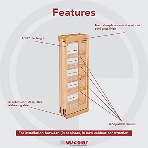 Rev-A-Shelf 6"W x 33"H Pull Out Quad Shelf Organizer for Wall & Base Kitchen Cabinets, Full Extension Filler Spice Rack, Adjustable, Wood, 432-WF33-6C