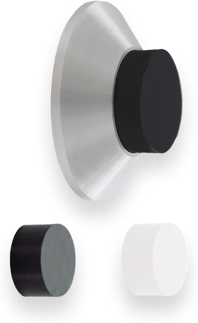 Evi Herrajes | Adhesive Door Stop | Wall Fitting | 1.37x0.59 | Satin Matt Stainless Steel | Conical Shape | Two Rubbers Included | Adhesive or Screw Installation