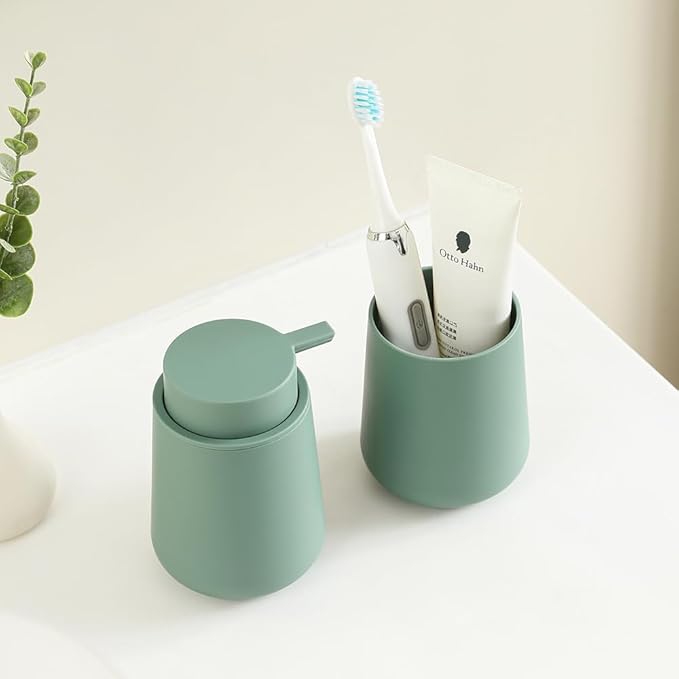 Matte Green Bathroom Accessories 2 Piece Set Plastic Soap Dispenser and Toothbrush Holder for Modern Bathroom Decor