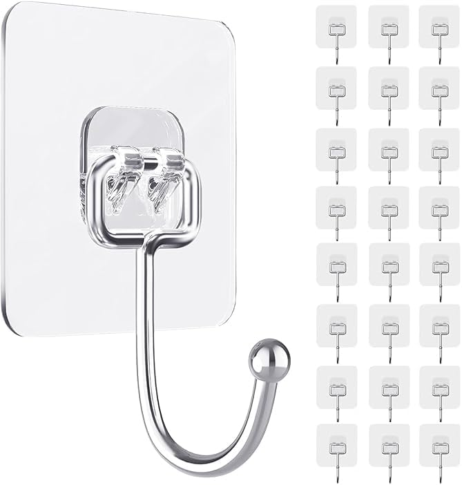 Adhesive Wall Hook, Set Heavy-Duty Thickened self-Adhesive Hook，24Pcs，44lb max Loading，Transparent, Waterproof, Bathroom, Outdoor, Kitchen, Doors, Practical Tools.