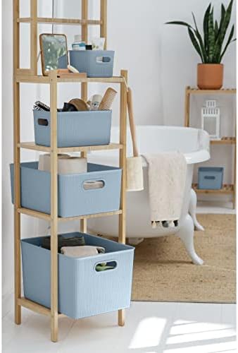 Superio Ribbed Collection - Decorative Plastic Basket Open Home Storage Bins Organizer, Blue Containers for Organizing Closet Storage Bins for Shelves (Bin with Lid- Extra Large (22 Liter), 1 Pack)