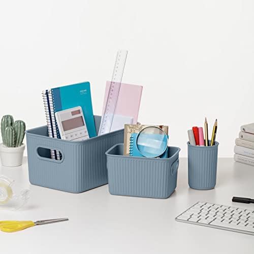 Decorative Plastic Basket Open Home Storage Bins Organizer Baskets, Blue (Set of 3) 1 Medium, 2 Small - Container Boxes for Organizing Closet Storage Bins for Shelves Drawer Shelf - Ribbed Collection