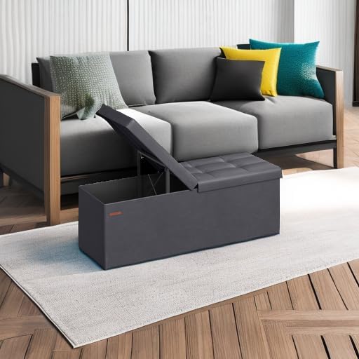SONGMICS MAZIE Collection - 43 Inches Storage Ottoman Bench with Flipping Lid, Storage Chest with Iron Frame Support, Load 660 lb, for Living Room, Bedroom, Synthetic Leather, Dark Gray ULSF075G01