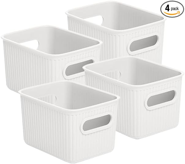 Decorative Plastic Basket Open Home Storage Bins Organizer Baskets, Small White (4 Pack) Container Boxes for Organizing Closet Storage Bins for Shelves Drawer Shelf - Ribbed Collection 1.5 Liter