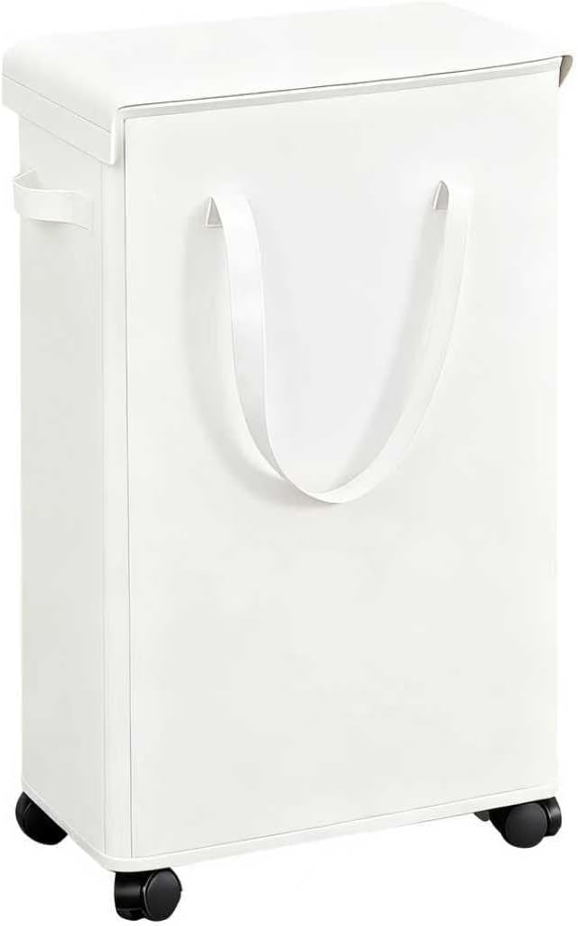 85L Laundry Hamper with Wheels, Lid, Handles & Collapsible, Slim Tall Rolling Laundry Basket for Small Spaces, Foldable Dirty Clothes Organizer for Bedroom, Dorm, Laundry Room, Bathroom,Beige