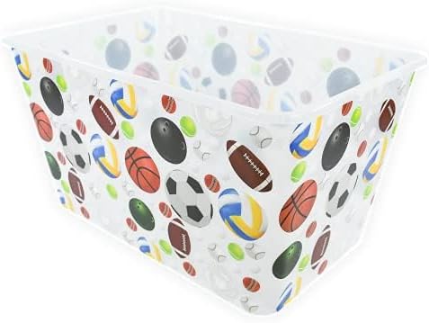 Storage Totes with Lids 4PC - Made in USA 14.5-Gallon Colorful Printed Decorative Design Storage Boxes Storage Bins with Lids Plastic Storage Containers for Organizer Orange/Sports Balls