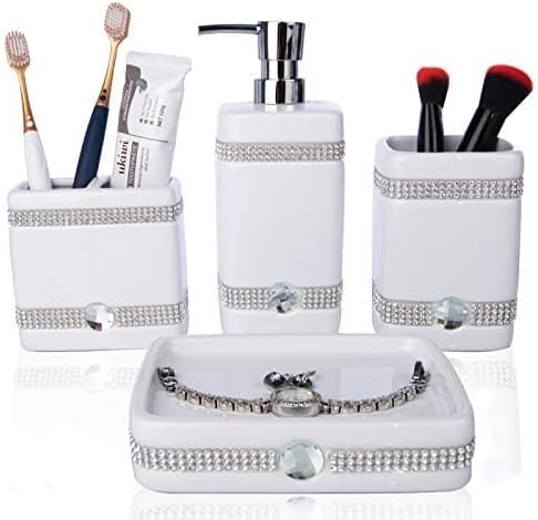 CAA'S Bathroom Accessories Set Ceramic 4 Pieces Bathroom Ensemble for Bath Decor Includes Lotion Dispenser Toothbrush Holder Tumbler Soap Dish (White Inlaid Zircon)