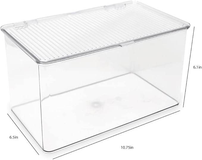 Isaac Jacobs Large Stackable Organizer Bin (10.75” x 6.5” x 6.1”) w Hinged Lid Clear Storage Box Home Office School Fridge Bathroom Kitchen Pantry Container BPAFree Food Safe (Large Clear) (Pack of 2)