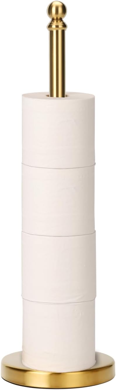 Toilet Paper Holder Stand Holding Up to 5 Paper Rolls, Free-Standing Spare Rolls Storage Holder, Stainless Steel (Brushed Gold)
