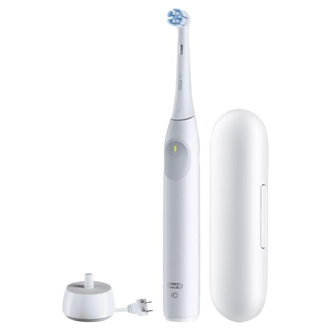Oral-B iO Simple Clean Rechargeable Electric Powered Toothbrush, Pure White with 1 Gentle Care Brush Head and 1 White Travel Case - Automatic Pressure Sensor to Protect Gums - 3 Modes -2 Min Timer