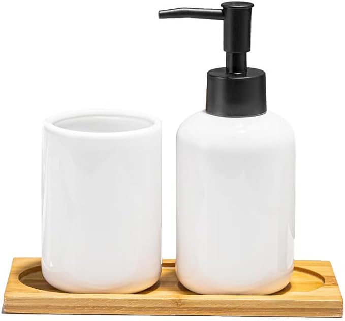 White Ceramic Soap Dispenser and Toothbrush Holder,3-Piece Bathroom Accessories Set Modern Cylinder Countertop Bath Set,Liquid Hand Soap Dispenser,Tumbler Cup,Wooden Vanity Tray