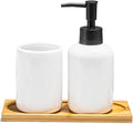 White Ceramic Soap Dispenser and Toothbrush Holder,3-Piece Bathroom Accessories Set Modern Cylinder Countertop Bath Set,Liquid Hand Soap Dispenser,Tumbler Cup,Wooden Vanity Tray