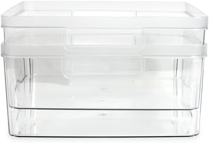 Isaac Jacobs 2-Pack Large Clear Storage Bins (11.5” L x 14” W x 5.5” H) w/Cutout Handles, Plastic Organizer for Home, Office, Kitchen, Fridge/Freezer, Bathroom, BPA Free, Food Safe (Large)