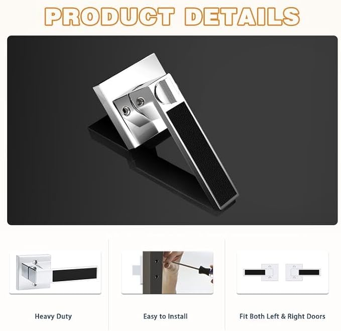 Probrico Heavy Duty Dummy Door Handle with Black Leather Hand Lever, Square Non-Turning Single Side Pull Only Lever for Closet or French Doors, Polished Chrome, 2 Pack