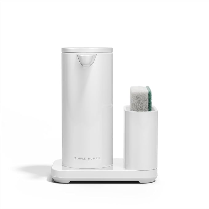 simplehuman Liquid Sensor Pump, 9 oz. with Caddy, Automatic Soap Dispenser for Kitchen and Bathroom, Touchless Motion Sensor, Variable Dispense, Rechargeable, High Grade White Stainless Steel