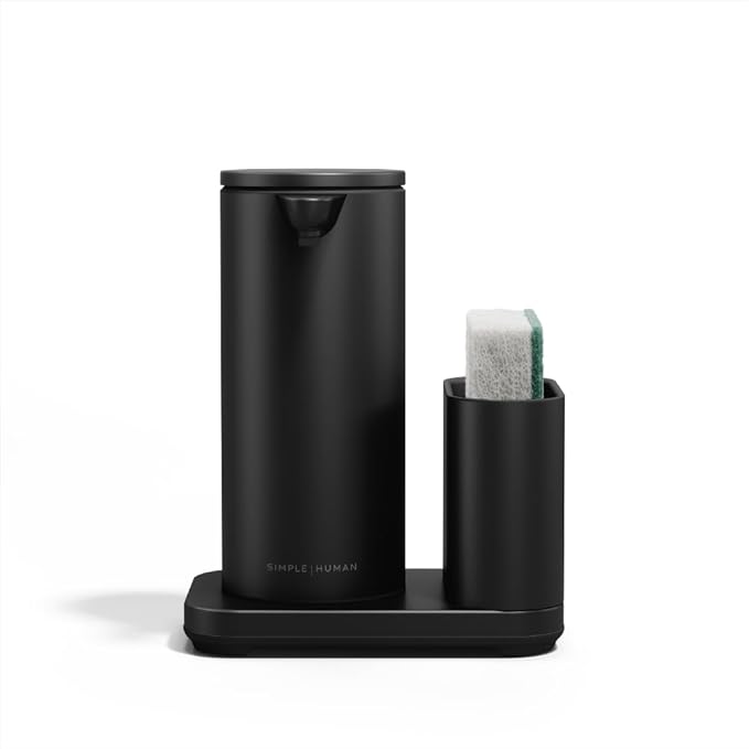 simplehuman Liquid Sensor Pump, 9 oz. with Caddy, Automatic Soap Dispenser for Kitchen and Bathroom, Touchless Motion Sensor, Variable Dispense, Rechargeable, High Grade Matte Black Stainless Steel