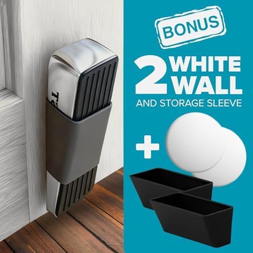 Strongest Home Heavy Duty Door Stopper Wedge (2 Chrome PCs) | Non-Slip Rubber and Metal Door Stop for Heavy Doors | Work on Wood, Tile, Carpet + 2 White Wall Protectors