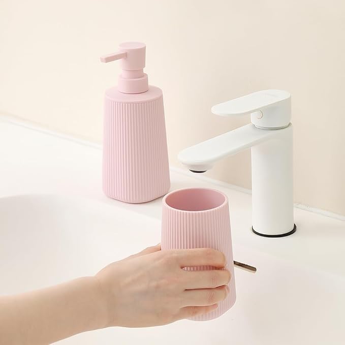 Bathroom Accessories 2 Piece Soap Dispenser and Toothbrush Holder Set Striped Pink
