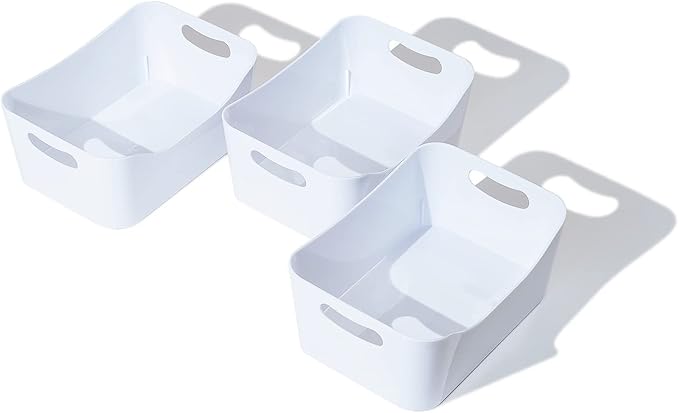 MATICAN Plastic Storage Bins with Handles, 3-Pack Small Pantry Storage Bins, Organizer Baskets for Kitchen, Bathroom, Bedroom, White, 9.6 x 6.6 x 4.1 Inches
