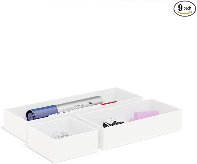 TRU RED Plastic Drawer Organizer Set, 3‑Piece, White, 9/Carton – Modular Desk & Drawer Storage for Office Supplies