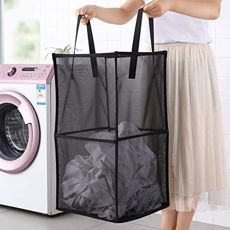 Pop Up Laundry Baskets - Mesh Collapsible Laundry Hampers Storage with Handle - Foldable for Washing Storage, Great for The Kids Room, College Dorm, Travel Organizer (Black/Double Layer)
