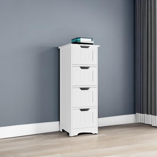 FOTOSOK Bathroom Storage Cabinet, Bathroom Cabinet with 4 Drawers, 11.8” x 11.8” x 32.5” Freestanding Entryway Cupboard Storage Organizer Unit Home Furniture Decor, White