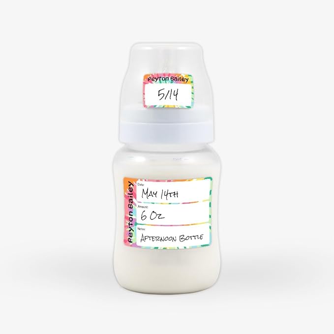 Name Bubbles - Reusable Baby Bottle Labels for Daycare (20 Labels) - Kids Washable Name Tags for Bottles, Sippy Cups, & Snack Containers, Waterproof, Baby Name Stickers, Write-On (Tie-Dye Art)