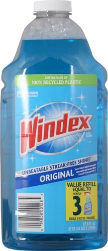Windex Refill Glass and Window Cleaner Bottle, Bottle Made from 100% Recycled Plastic, Surface Cleaning Spray, Original Blue Scent, 2L (67.6 Fl Oz) (Pack of 6)