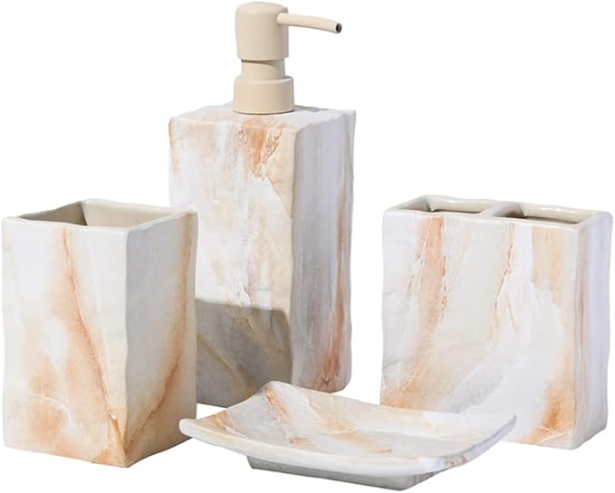 Bathroom Accessories Set 4 Pcs Marble Look Sets Toothbrush Holder Soap Dispenser Counter Top Ceramic Bathroom Decor Set Beige