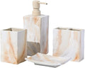 Bathroom Accessories Set 4 Pcs Marble Look Sets Toothbrush Holder Soap Dispenser Counter Top Ceramic Bathroom Decor Set Beige