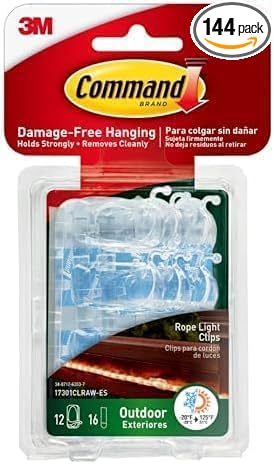Command Outdoor Rope Light Clips,12 Hooks &16 Strips,Damage Free Hanging Christmas Decorations with Weather Resistant Strips,Wall Clips for Hanging Outdoor Lights&Cable Management(Pack of 12)