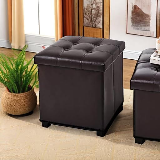 YOUDENOVA 15 inches Folding Storage Ottoman, Cube Storage Boxes Footrest, Small Ottomans with Foam Padded Seat, Support 300lbs (Brown, Leather)