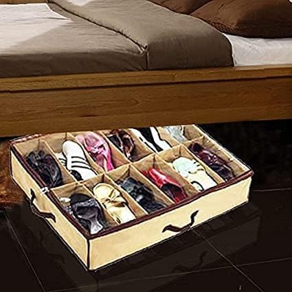 2PCS Ladies/Kids Storage Household Shoe Bag 12 Cells Underbed Foldable Closet Organizer (Beige) (beige) (2)