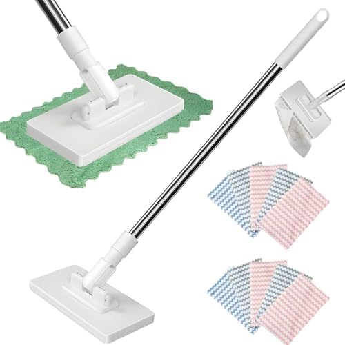 Disposable Dust Mop with Pressure Clamping System, 39 inch Long Handle Wet and Dry Flat Mopping Sweeper Stick with Locking Head & Sweeping Cloths for Multi Surface Floor Cleaning (1 mop+10 Clothes)