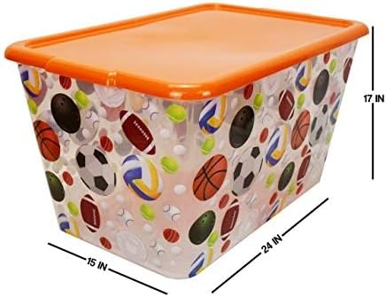 Storage Totes with Lids 4PC - Made in USA 14.5-Gallon Colorful Printed Decorative Design Storage Boxes Storage Bins with Lids Plastic Storage Containers for Organizer Orange/Sports Balls