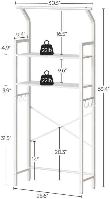 2-Tier Over The Toilet Storage, Multifunctional Vertical Over Toilet Bathroom Organizer, Freestanding Bathroom Storage Shelves with Hooks, Bathroom Organizer, Rustic Brown and Black TR01WT