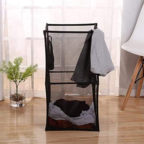 Pop Up Laundry Baskets - Mesh Collapsible Laundry Hampers Storage with Handle - Foldable for Washing Storage, Great for The Kids Room, College Dorm, Travel Organizer (Black/Double Layer)