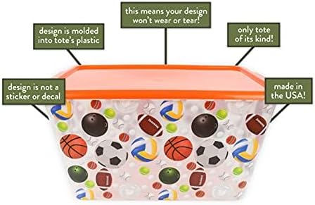 Storage Totes with Lids 4PC - Made in USA 14.5-Gallon Colorful Printed Decorative Design Storage Boxes Storage Bins with Lids Plastic Storage Containers for Organizer Orange/Sports Balls