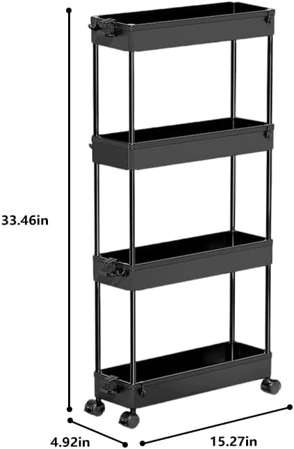 4 Tier Utility Storage Cart with Lockable Wheels，Storage Organizer Cabinet Rolling cart for Kitchen, Office, Laundry Room & Narrow Places,Black