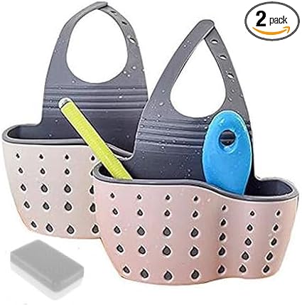 2Pcs Sink Sponge Holder,Adjustable Silicone Sling Sponge Caddy with Drain Holes,for Kitchen/Bathroom Comes with 1Pcs Sponge Eraser
